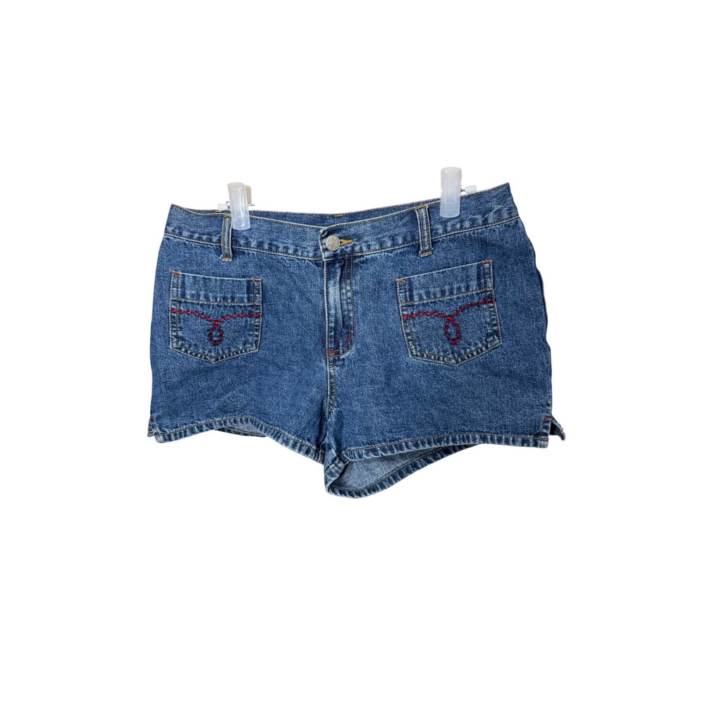 Ellemenno Womens Blue Denim Shorts Size 9 Red Embroidered Pockets Y2K Cotton